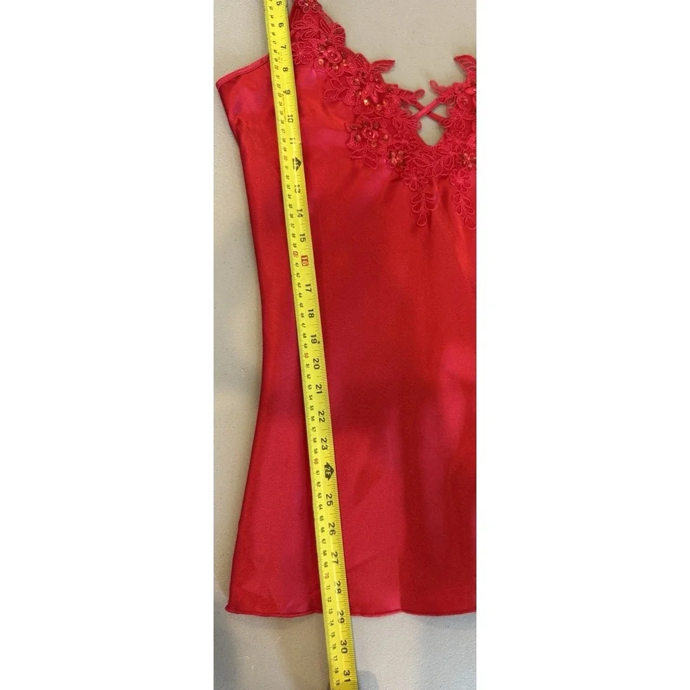 Vintage 90s Shirley Hollywood Satin‎ Lace Mini Cami Slip Dress Size M Red Sheer